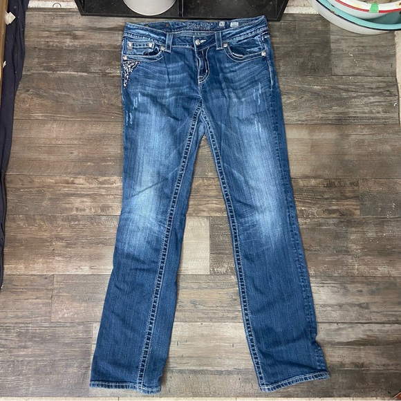 Miss Me Denim - Miss Me Dark Blue Straight Leg Jeans Dark wash Jewled Distressed